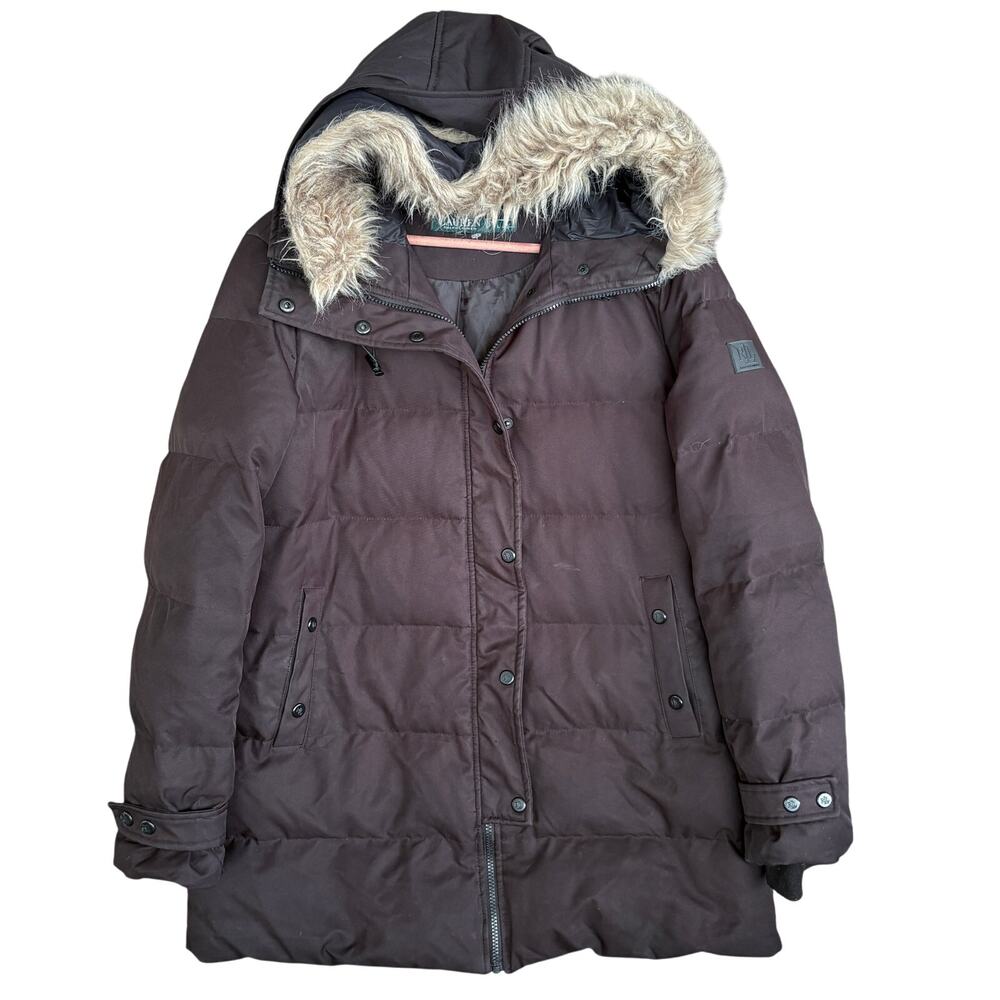 Ralph Lauren Down Puffer Jacket L Black Hooded Faux Fur Coat Puffy